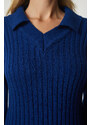 Happiness İstanbul Women's Dark Blue Polo Neck Corduroy Knitwear Dress