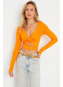 Cool & Sexy Women's Front Knotted Crop Blouse Orange