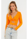 Cool & Sexy Women's Front Knotted Crop Blouse Orange