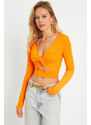 Cool & Sexy Women's Front Knotted Crop Blouse Orange