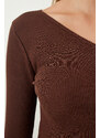 Happiness İstanbul Women's Brown Single Sleeve Ribbed Crop Knitted Blouse