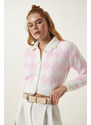 Happiness İstanbul White Pink Patterned Bearded Seasonal Crop Knitwear Cardigan