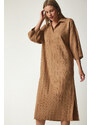 Happiness İstanbul Women's Biscuit Polo Neck Oversized Sweater Dress