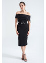 Lafaba Women's Black Boat Neck Stoned Belted Midi Evening Dress
