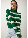 Happiness İstanbul Women's Green Stand-Up Collar Striped Knitwear Sweater