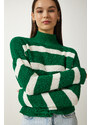 Happiness İstanbul Women's Green Stand-Up Collar Striped Knitwear Sweater