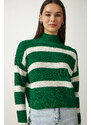 Happiness İstanbul Women's Green Stand-Up Collar Striped Knitwear Sweater