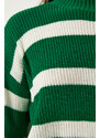 Happiness İstanbul Women's Green Stand-Up Collar Striped Knitwear Sweater