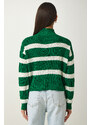 Happiness İstanbul Women's Green Stand-Up Collar Striped Knitwear Sweater