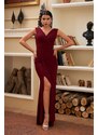 Carmen Claret Red Sandy Long Evening Dress with a Slit