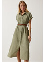 Happiness İstanbul Women's Khaki Belted Woven Dress