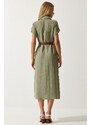 Happiness İstanbul Women's Khaki Belted Woven Dress