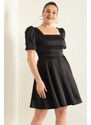 Lafaba Dámské černé balonové rukávy rozšířený střih Mini Plus Velikost Saténové večerní šaty