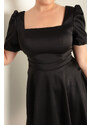 Lafaba Dámské černé balonové rukávy rozšířený střih Mini Plus Velikost Saténové večerní šaty