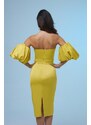 Carmen Yellow Satin Balloon Sleeve Short Evening Dress