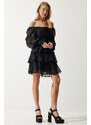 Happiness İstanbul Women's Black Flounce Chiffon Dress