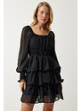 Happiness İstanbul Women's Black Flounce Chiffon Dress