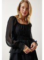 Happiness İstanbul Women's Black Flounce Chiffon Dress