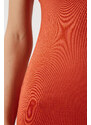 Happiness İstanbul Women's Orange Crew Neck Wraparound Sandy Knitted Dress