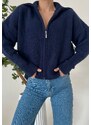 Laluvia Navy Blue Zippered Turtleneck Cardigan