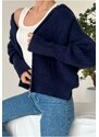 Laluvia Navy Blue Zippered Turtleneck Cardigan