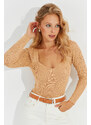 Cool & Sexy Women's Camel Heart Collar Openwork Knitwear Blouse