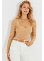 Cool & Sexy Women's Camel Heart Collar Openwork Knitwear Blouse