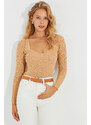 Cool & Sexy Women's Camel Heart Collar Openwork Knitwear Blouse