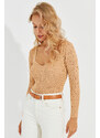 Cool & Sexy Women's Camel Heart Collar Openwork Knitwear Blouse