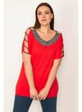 Şans Women's Plus Size Red Decollete Silvery Detailed Lycra Viscose Blouse