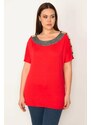 Şans Women's Plus Size Red Decollete Silvery Detailed Lycra Viscose Blouse