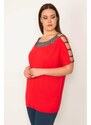 Şans Women's Plus Size Red Decollete Silvery Detailed Lycra Viscose Blouse