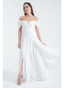 Lafaba Women's White Open Shoulder Slit Detailed Tulle Evening Dress