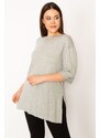 Şans Women's Plus Size Gray Double-Sleeve Blouse with Side Slits