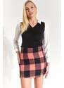 armonika Women's Pink Plaid Pattern Stitched Slit Mini Skirt