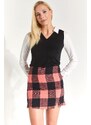 armonika Women's Pink Plaid Pattern Stitched Slit Mini Skirt