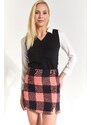 armonika Women's Pink Plaid Pattern Stitched Slit Mini Skirt