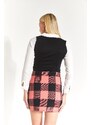 armonika Women's Pink Plaid Pattern Stitched Slit Mini Skirt