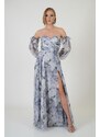 Carmen Indigo Strapless Slit Printed Evening Dress