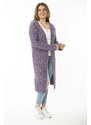 Şans Women's Large Size Purple Slit Thick Knitwear Long Cardigan