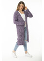 Şans Women's Large Size Purple Slit Thick Knitwear Long Cardigan