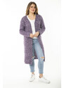 Şans Women's Large Size Purple Slit Thick Knitwear Long Cardigan