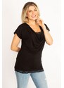 Şans Women's Plus Size Black Collar And Lace Detailed Low-Collar Blouse With A Neck And Hem