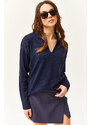 Olalook Women's Navy Blue Polo Neck Fine Knitwear Sweater