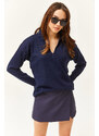 Olalook Women's Navy Blue Polo Neck Fine Knitwear Sweater