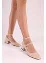 Shoeberry Women's Linnie Ten Patent Leather Thick Heel Shoes Nude Patent Leather