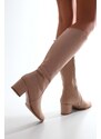 Shoeberry Women's Anna Beige Suede Heeled Boots Beige Suede