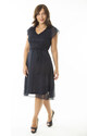 Şans Women's Plus Size Navy Blue Top With Lace Chiffon Fabric Lined Dress