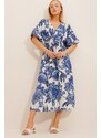 Trend Alaçatı Stili Women's Blue Double Breasted Collar Patterned Linen Dress