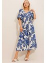 Trend Alaçatı Stili Women's Blue Double Breasted Collar Patterned Linen Dress